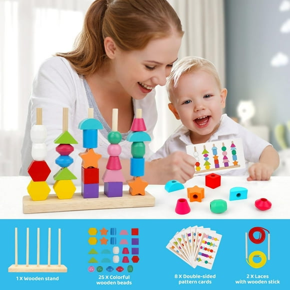 pstuiky Tools Home Improvement Montessori Wooden Beads Sequencing Toy Set Educational STEM Preschool Learning Toys For Kids Ages 2-5Stacking Blocks Lacing Beads Matching Shape Stacker Sale