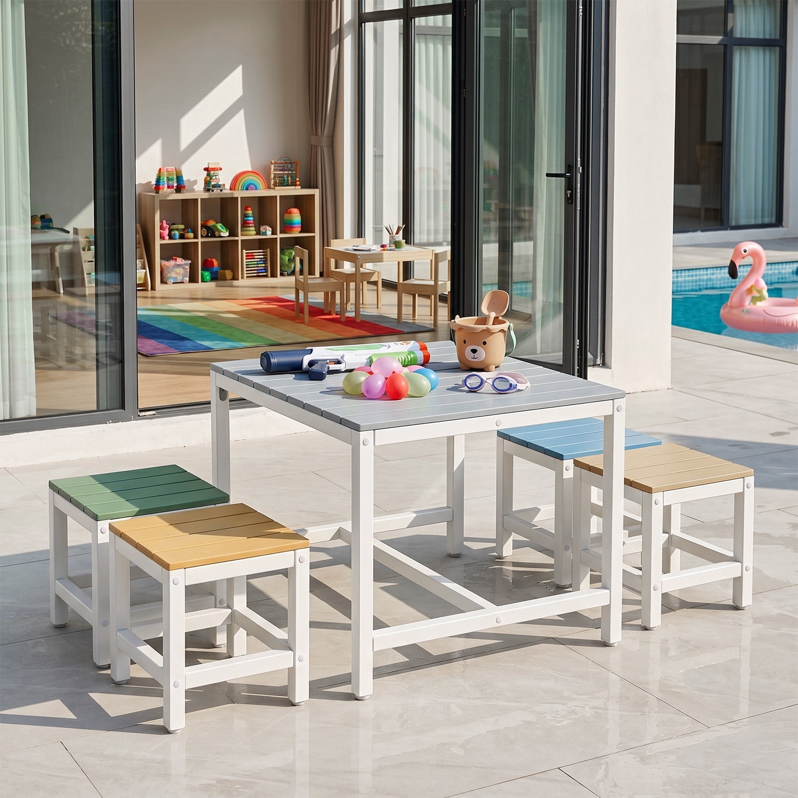 5-Piece Children's Patio Table And Chair Set (1 Table + 4 Stools), 29.5 Inches, Blue-Khaki, Light Orange, Blue-Green Color Blocking