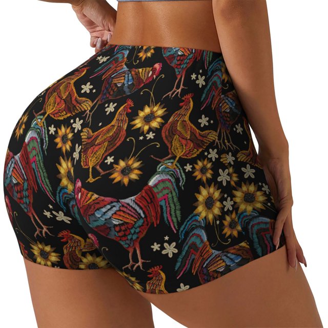 Fotbe Sunflower Rooster Shorts Sin Costuras – Shorts Deportivos de Cintura Alta para Mujer, Elásticos para Gimnasio, Yoga, Running o Ciclismo-Large