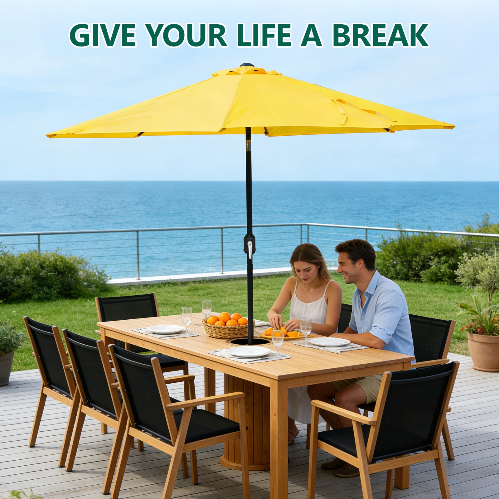 HaiCube 9FT Patio Umbrella -Acrylic Fabric, 10-Year Fade-Resistant, 1.5" Heavy Duty Steel Pole, 8 Ribs, Push Button Tilt & Crank, UV Block for Garden Deck Pool, Yellow