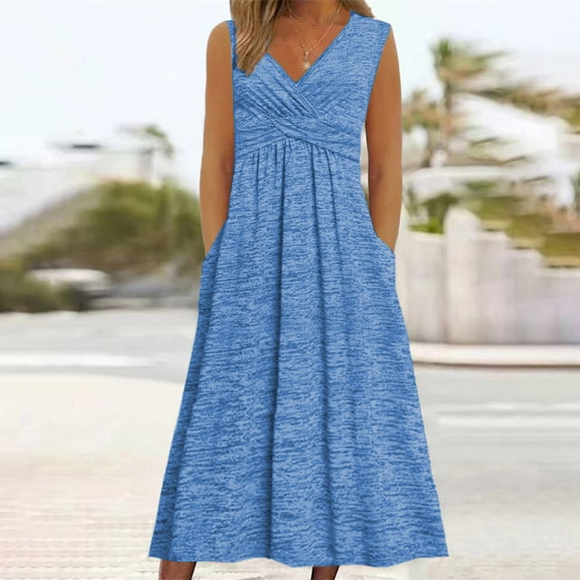 Elvqul Robes d'Été pour Femmes Robe Longue à Enfiler Col en V Sans Manches 2026 Bleu Grande Taille Robes Caraco pour Femmes
