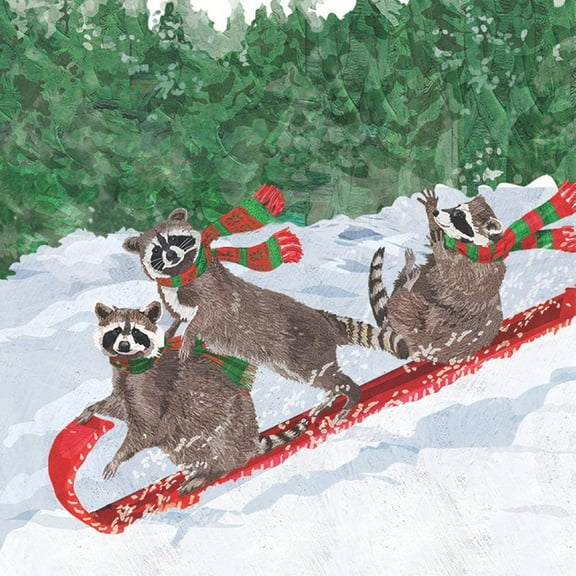 20 Count Paper Cocktail Beverage Napkins, Winter Tobogganing Raccoon Friends