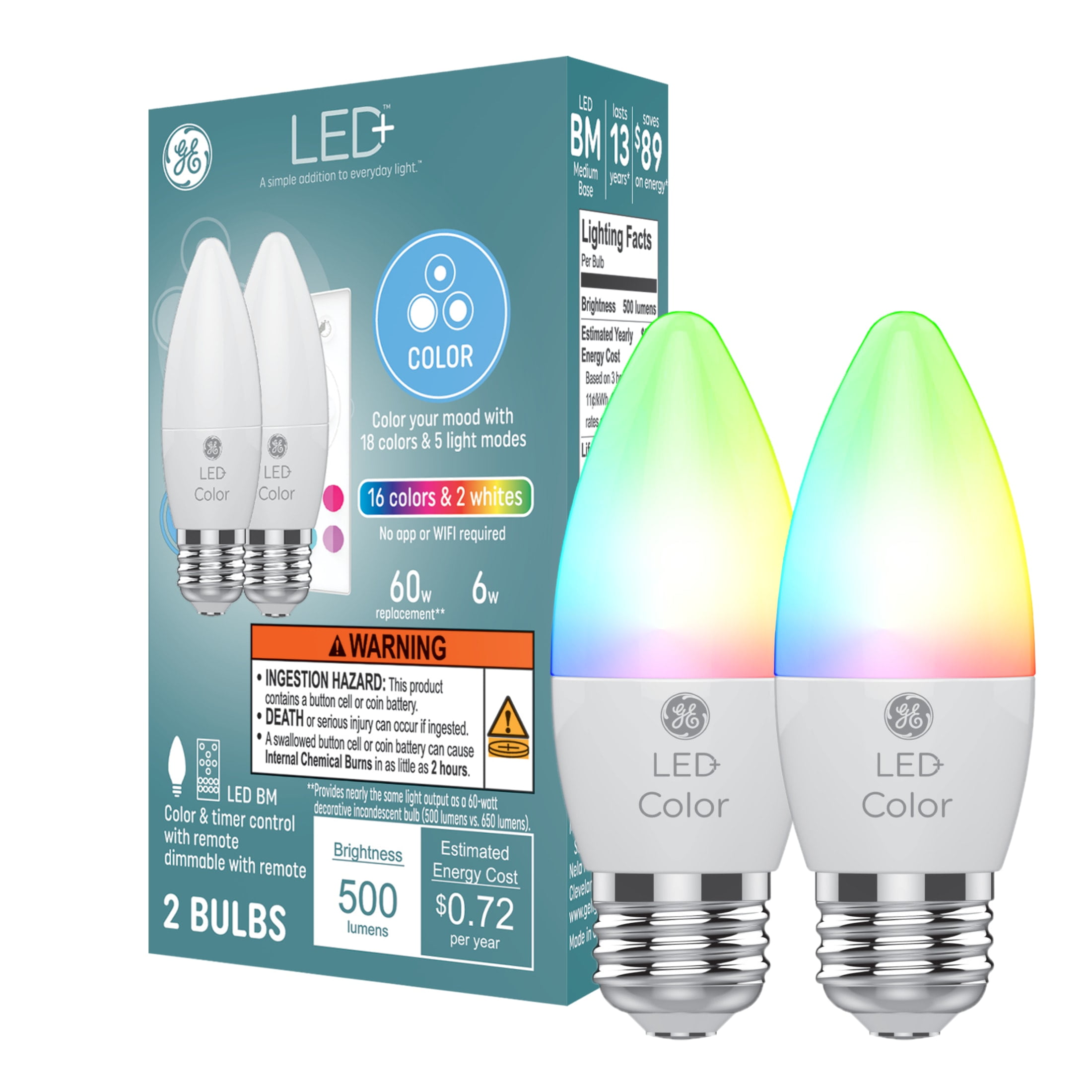 (2 pack) GE LED+ Color Changing LED Light Bulbs, 60 Watt, Decorative Bulbs, Medium Base, 2pk