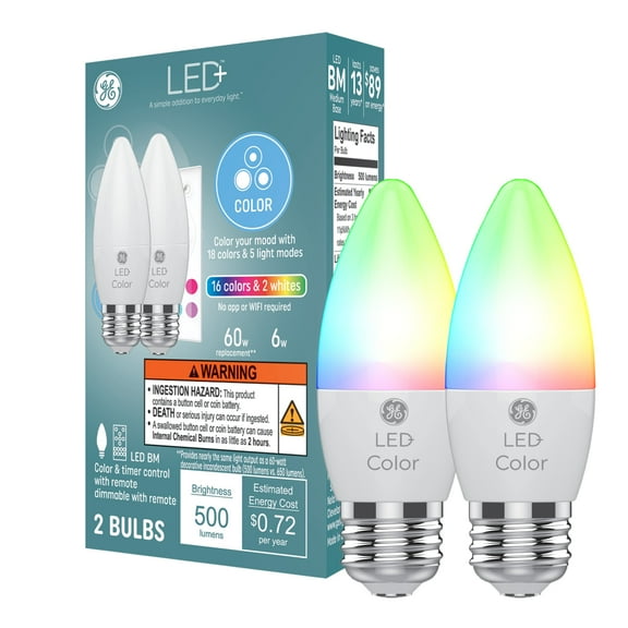 GE LED Color Changing LED Light Bulbs, 60 Watt, Decorative Bulbs, Medium Base, 2pk