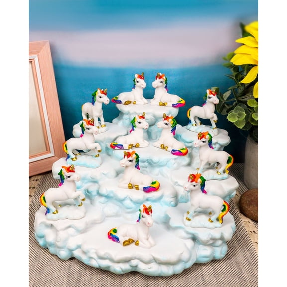 Magical Sky Clouds Terrace Castle Display And 12 Unicorn Miniatures Figurine Set