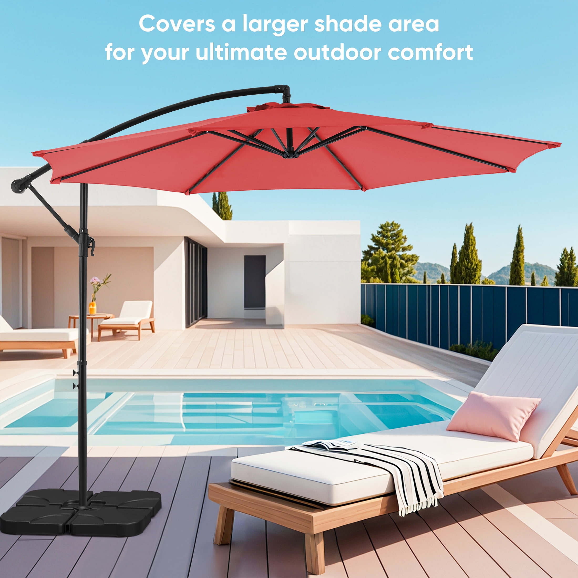 edx 10FT Offset Hanging Patio Umbrella Outdoor with Push Button Tilt & Self-Locking, Polyester Shade, 8 Sturdy Ribs, Red