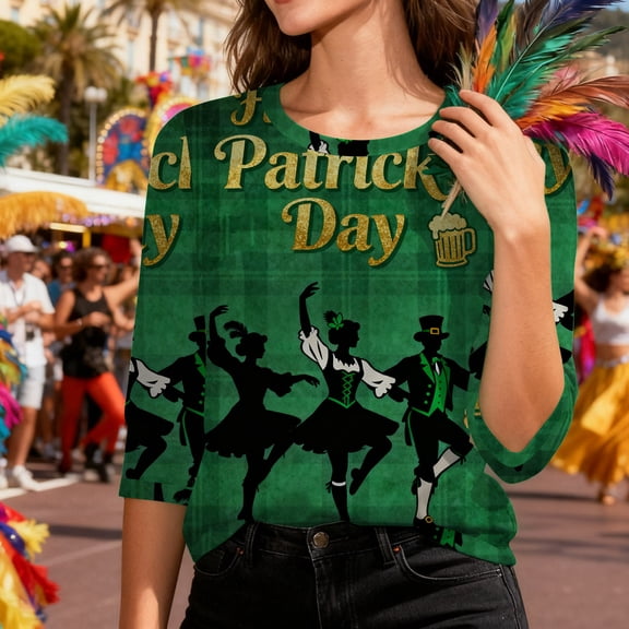 HOMBOM Womens Spring St.Patricks Day Shirts Irish Graphic Tees Multicolor Cute Gnomes Print Crewneck Tshirts for Women 3/4 Sleeve