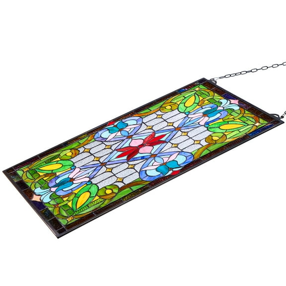 KFFKFF Stained Glass Window Panel, 17 x 29 in, Tiffany-Inspired Hanging Transom Panel with Chain, Vertical Rectangle Design, Classic Handcrafted Art for Kitchen and Home Decoration