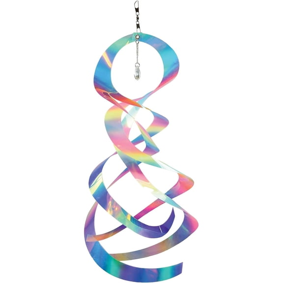 In the Breeze 9158 — Striped Iridescent Mylar Spin Quartet with Crystal — Colorful Suncatcher Wind Spinner for Yards and Gardens with Plastic Crystal
