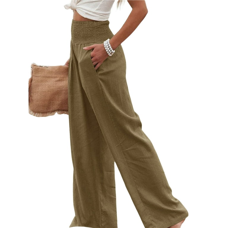 Women Linen Pants Elastic High Waist Wide Leg Palazzo Lounge Pants Casual  Loose Beach Pants with Pockets 