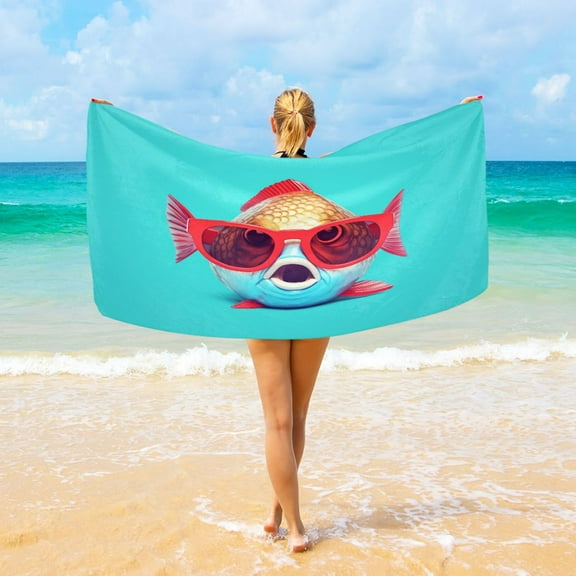 Ryvnso Funny Fish with Sunglasses Oversized Beach Towel Microfiber Bath Blankets Swimming Fitness 37" x 74"