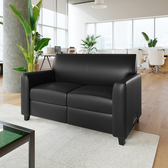 Flash Furniture Black LeatherSoft Reception Loveseat with Right Side Charging Bank, Includes 2 Outlets, 2USB Ports, 1 USB-C Port, Solid Wood Legs