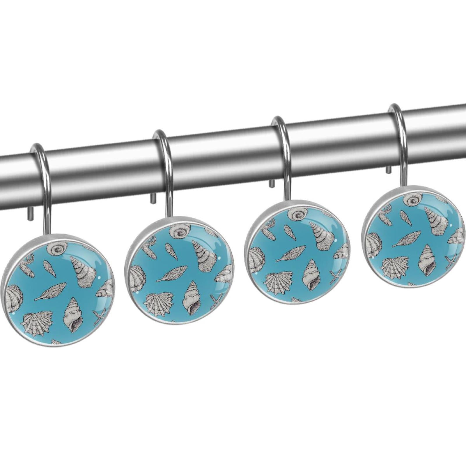 Sea Shells on Marine Blue Shower Curtain Hooks Round Crystal Glass, Set of 12 Shower Curtain Rings - Shower Hooks for Curtain Shower Rings