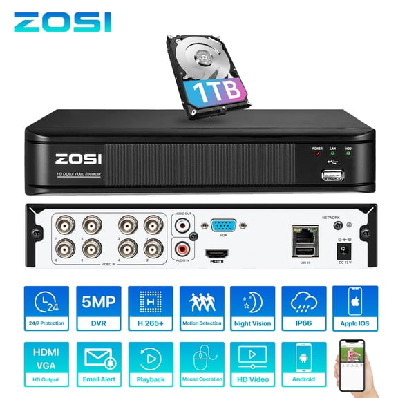 ZOSI 8CH H.265 Digital Video Recorder 1080P HD CCTV 4-In-1 DVR with 1TB Hard Drive, Analog AHD TVI CVI Surveillance DVR for 720P, 1080P, 5MP Lite Security Camera