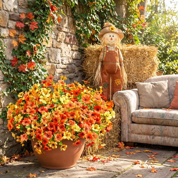 Scidweet Artificial Fall Flowers Outdoors, 12 Bundles Autumn Faux Silk Flowers Fake Plants Fall Decorations for Home Outside Yard Garden Porch Patio Autumn Thanksgiving, Yellow Orange