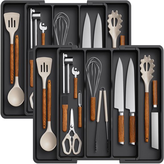 Utensil Organizer for Kitchen Drawers, Expandable Cooking Utensil Tray, Adjustable Cutlery Silverware Flatware Holder, Plastic Kitchen Spatula Tools and Gadgets Storage Divider, 2 Pack, Black