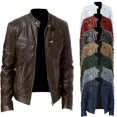 thumbnail image 4 of Chaqueta de cuero para motocicleta para hombre, chaquetas ajustadas de PU con solapa, abrigo de cuero informal a prueba de viento con cremallera para otoño e invierno, ropa para hombre, 4 of 5