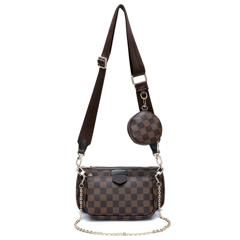 MK Gdledy Brown Checkered Crossbody Bags for Women Multipurpose Handbags  Leather Shoulder with Coin Purse including 3 Size Bag - Brown2 