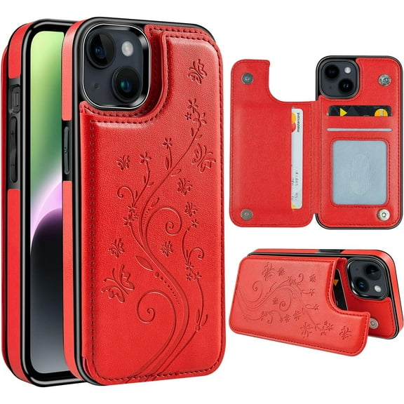 Compatible with iPhone 14 Wallet Case with Card Holder, PU Leather Butterfly Flower Magnetic Clasp Back Flip Case for Women,Folio Protective Phone Case for iPhone 14 6.1 Inch 2022 Red