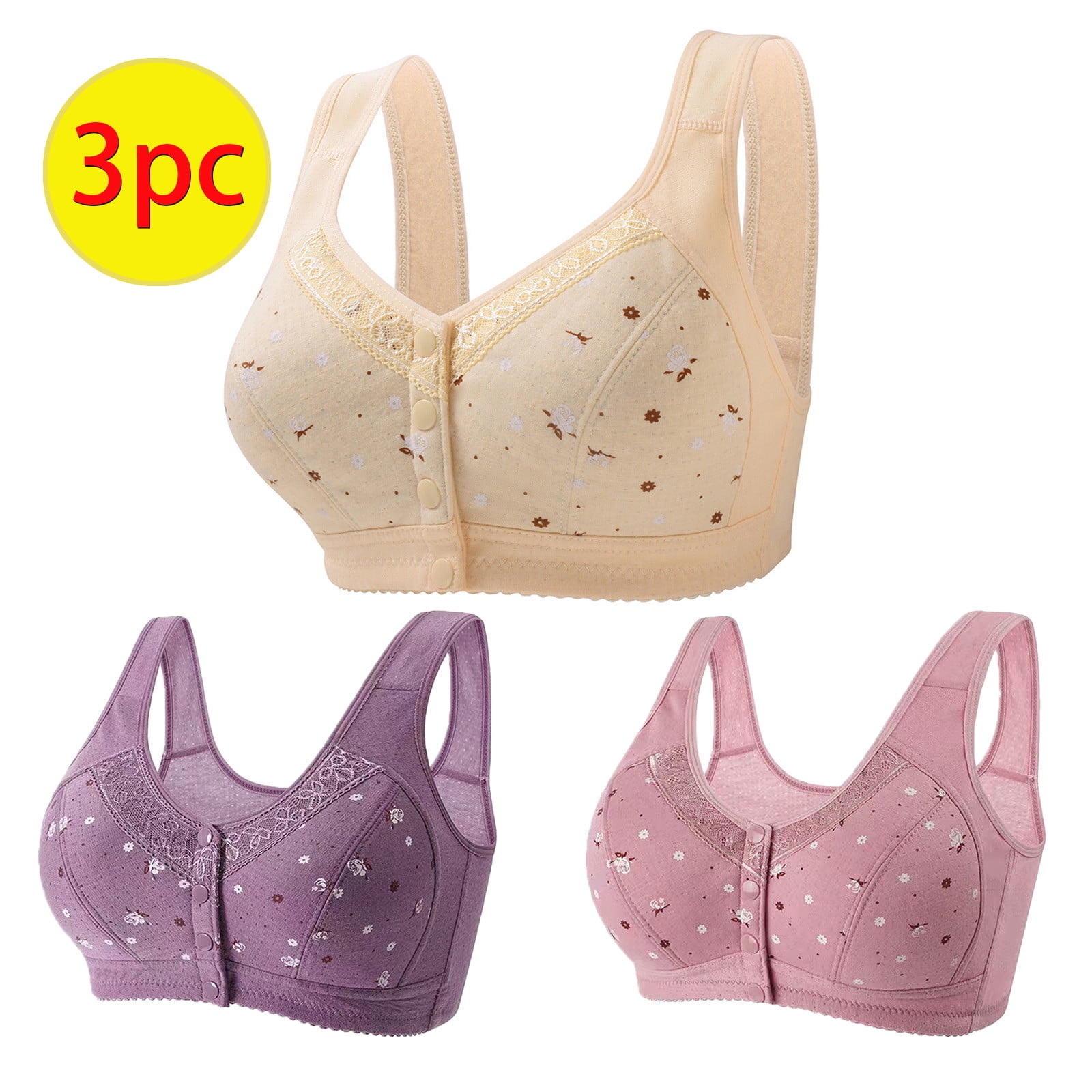 XMMSWDLA 3pc Front Closure Bras,Lace Bra, Floral Pattern Non-Steel Ring,  Comfortable Bra for Seniors Backless Sports Bra Bras for Older Women