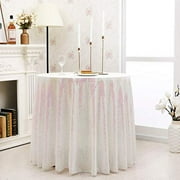 Kirsooku White Sequin Tablecloth Glitter Sparkly Iridescent Shimmer for Round Table Cloth 50 Inch Table Covers Decorations for Birthday Party Supplies Event Wedding Table Skirt Decor
