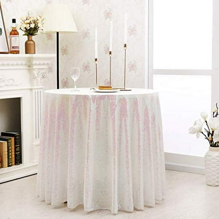 Kirsooku White Sequin Tablecloth Glitter Sparkly Iridescent Shimmer for Round Table Cloth 50 Inch Table Covers Decorations for Birthday Party Supplies Event Wedding Table Skirt Decor
