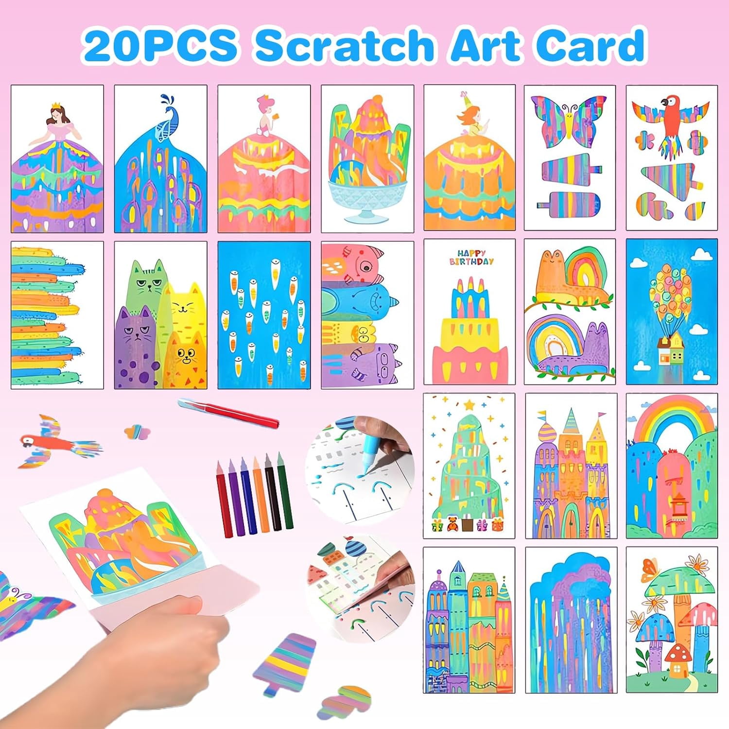 Magic Rainbow Scratch Art – Creative Squeegee Painting Kit, Rainbow Scratch Paper Art Set, DIY Postcards & Novelty Gifts for Girls & Boys, Party Favors