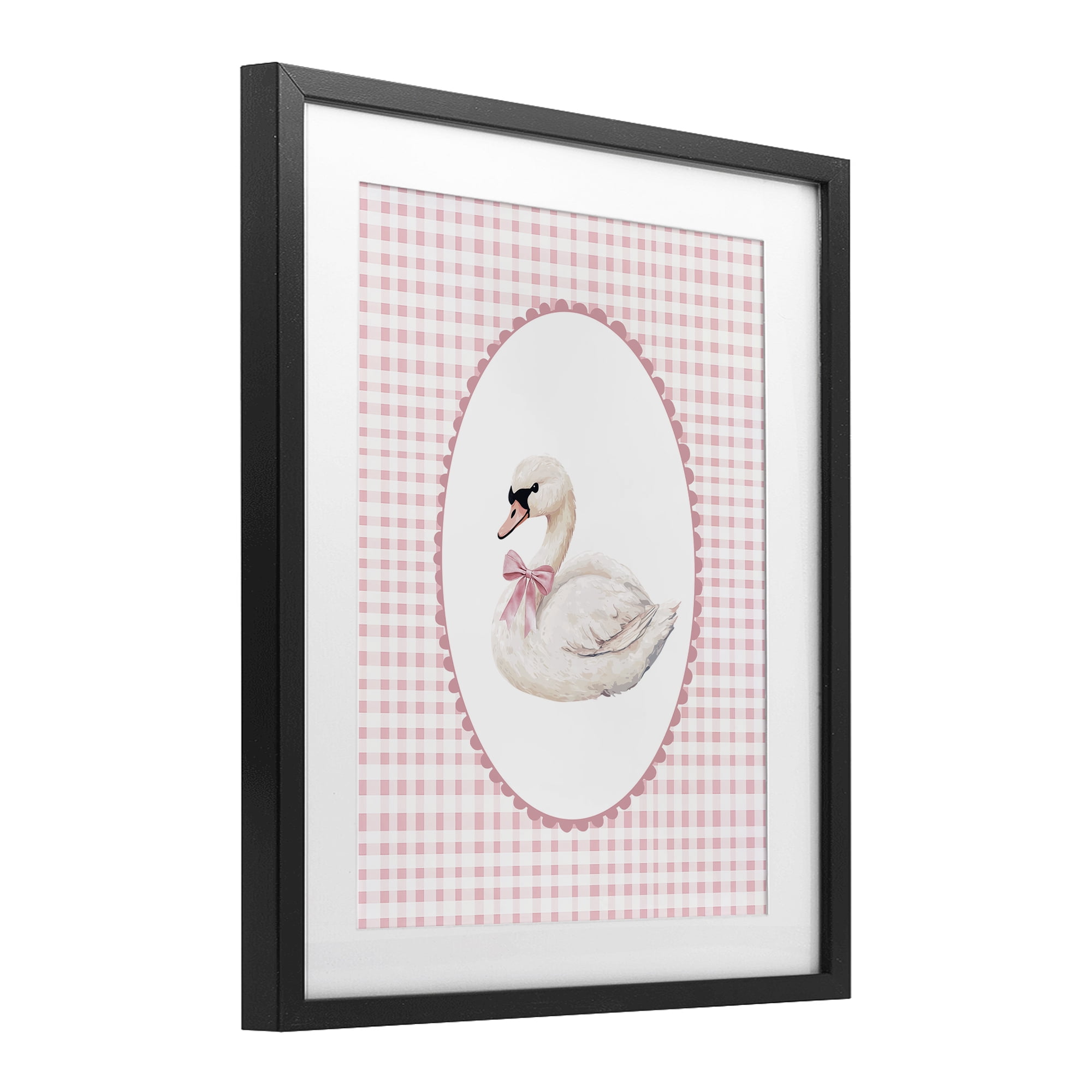 Gentle Swan on Pink Checkered Black Framed Print Under Glass, design by Christine Simpson Art