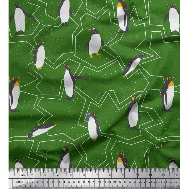 Soimoi Green Silk Fabric Penguin Ocean Print Sewing Fabric Yard 42 Inch Wide