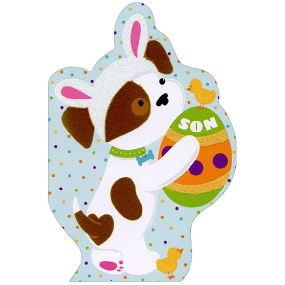 Pictura White Puppy with Fuzzy Brown Spots Holding Egg Easter Card for Son