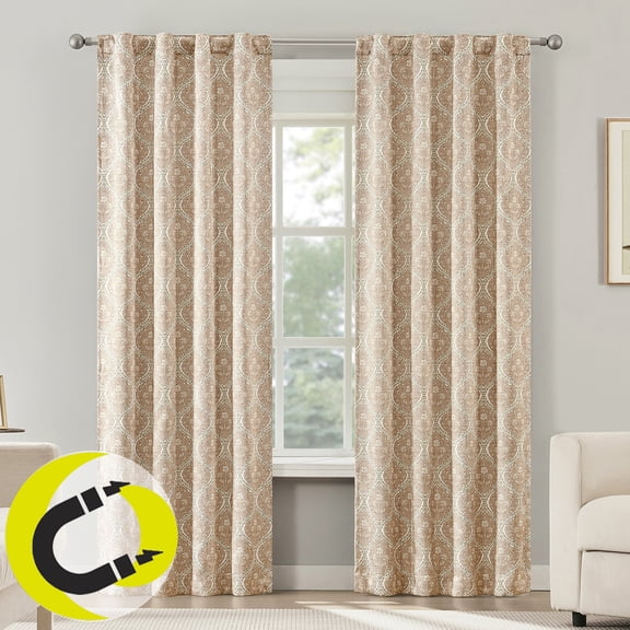 Sun Zero Lucille 2-pack Vintage Ogee Magnetic Closure 100% Blackout Back Tab/Rod Pocket Curtain Panel Pair, 40"W x 84"L, Dusty Terracotta