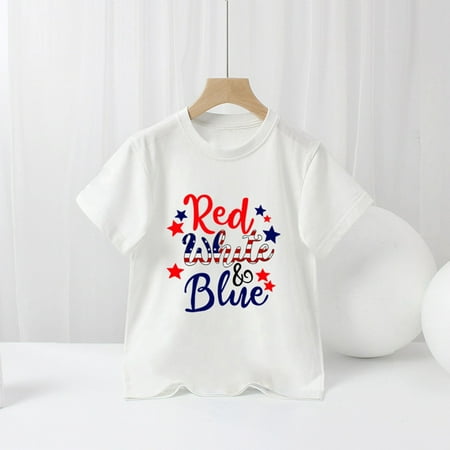 

nsendm Basketball Top Toddler Boys Red White Blue Text Print T Shirts American Flag Shirt Kids Independence Children Place Boys Shirt White 3-4 Years