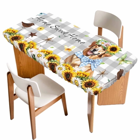 Sunflowers Dog Table Cloths for 6 Foot Rectangle Tables, Spring Watercolor Floral Stars Grey Plaid Patio Waterproof Elastic Fitted Tablecloths, Washable Rectangular Table Cover for Camping
