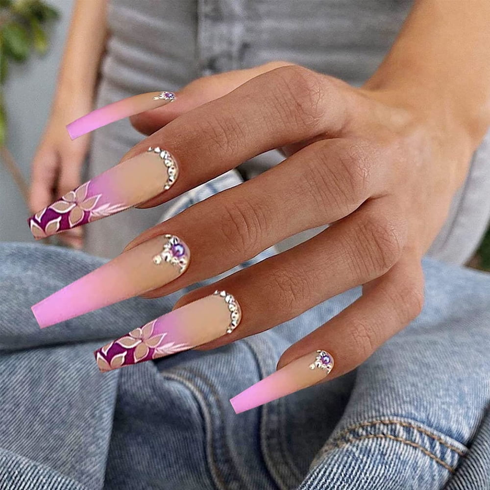 Fofosbeauty 24pcs Coffin False/Fake Nails for Girls Women, Sakura Matte  with Diamonds - Walmart.com