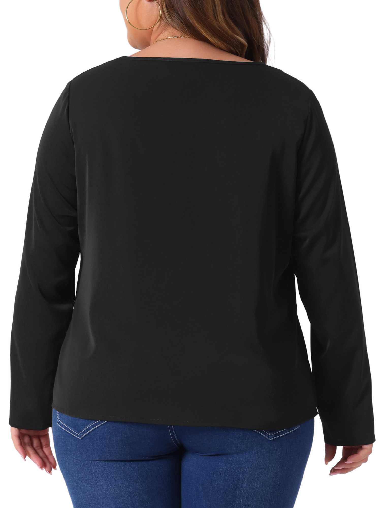 Unique Bargains Women' Plus V Neck Long Sleeve Cutout Front Basic Blouse 3X Black