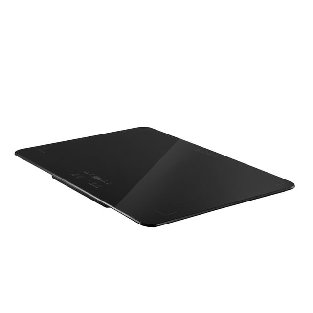 KFFKFF Electric Heating Plate, a sleek buffet food heater with a durable microcrystalline tempered glass top, shown in a side angle view. This portable warming tray features a touch screen interface for temperature adjustment and safety features like a child lock and automatic shut-off. Ideal for events, catering, and holiday gatherings.
