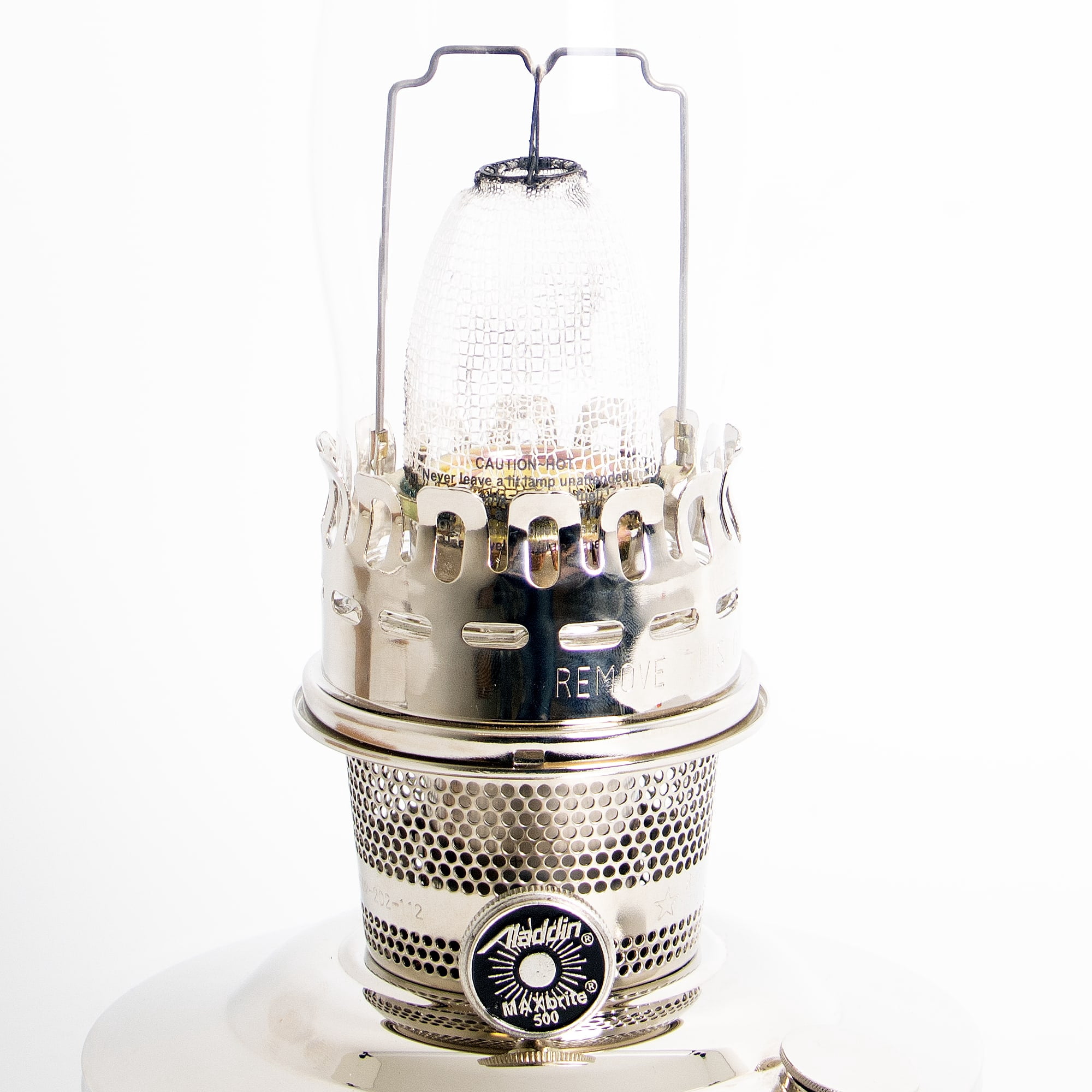 Aladdin Chrome Shelf Oil Lamp, Indoor Emergency Lighting for Shelf, Table or Hanging, Chrome-Plated Bowl with Nickel Burner