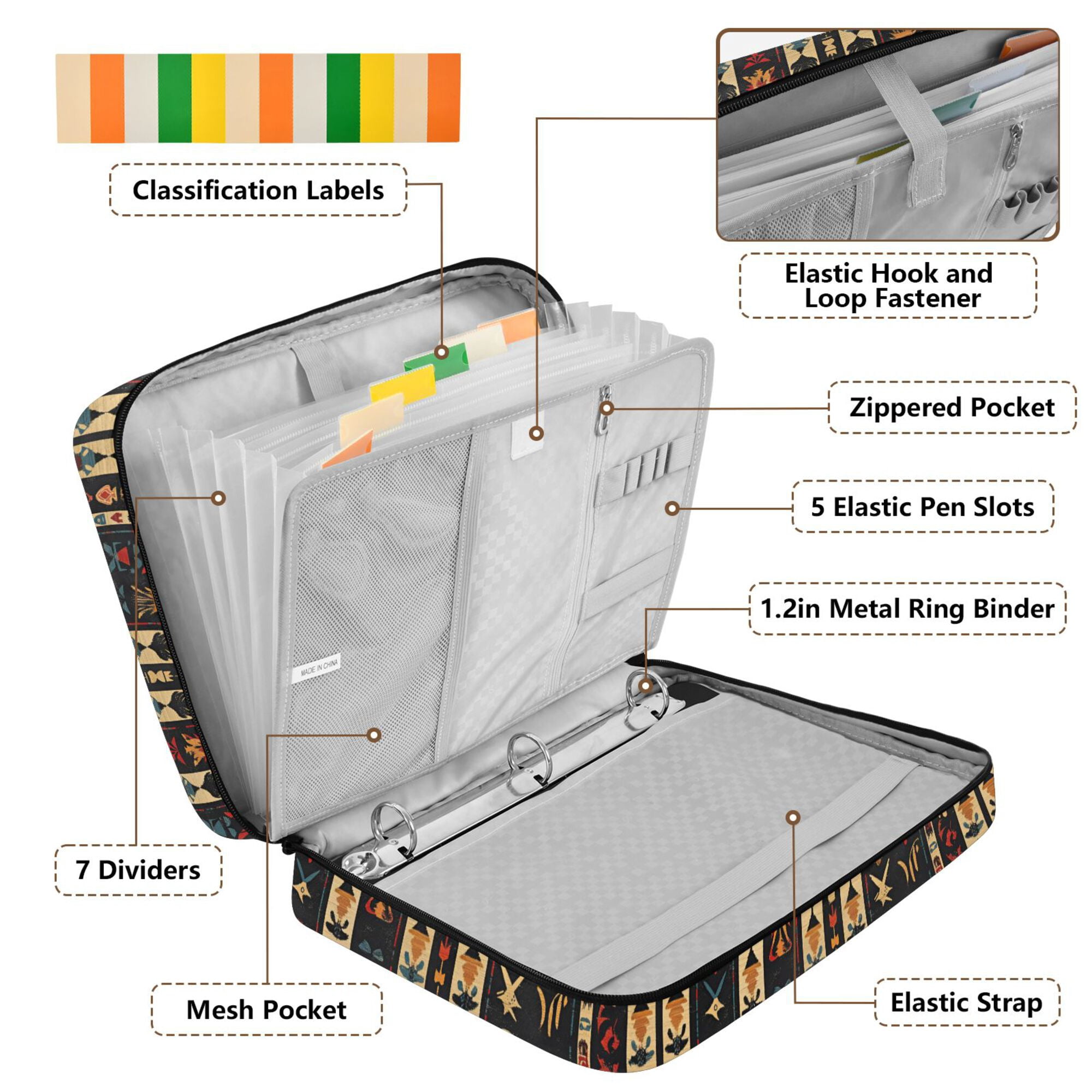 FORMRS Accordion File Folder A4 Size 7-Pocket Expanding Document Organizer Bag with 3 Ring Binder, Beige Geometric
