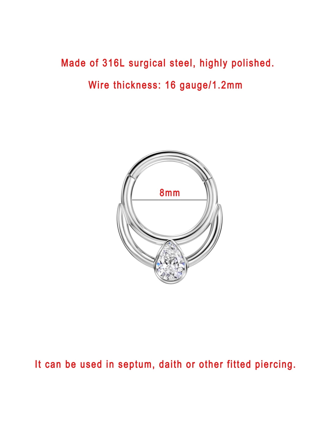 FANSING Crescent Moon Septum Jewelry 16g Septum Ring Surgical Steel Piercing Rings 16 Gauge 8mm Daith Hoop Earring with Teardrop CZ