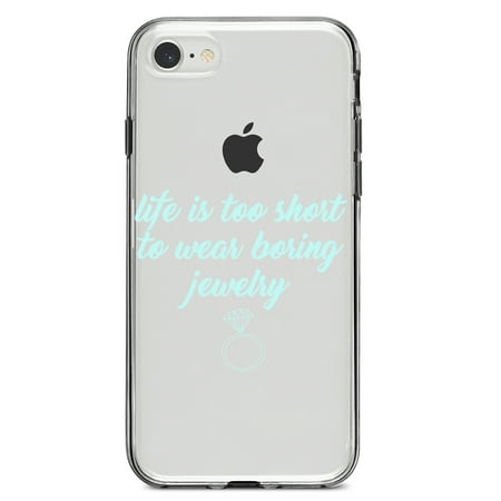 DistinctInk Clear Shockproof Hybrid Case for iPhone 7 8 SE (2020 Model) 4.7 Screen TPU Bumper Acrylic Back Tempered Glass Screen Protector - Life is Too Short to Wear Boring Jewelry