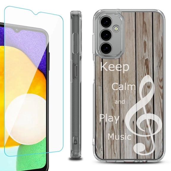 Shockproof Bumper Phone Case for Samsung Galaxy A14 5G, with Tempered Glass Screen Protector, by OneToughShield ® - Wood/Music