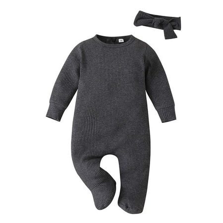 

Ecqkame Baby Rompers Clearance Newborn Infant Baby Boy Girl Long Sleeve Solid Romper Jumpsuit Clothes+Headband Gray 9-12 Months