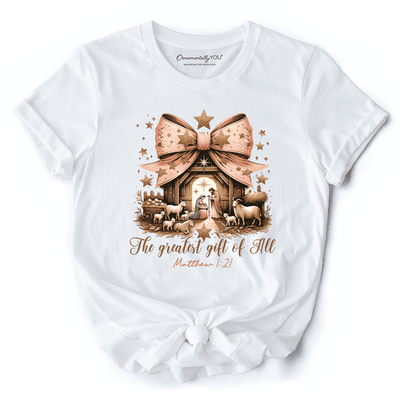 Holy Night Nativity Scene Jesus T-Shirt, The Greatest Gift of All Matthew 1:21 Christian Christmas Tee