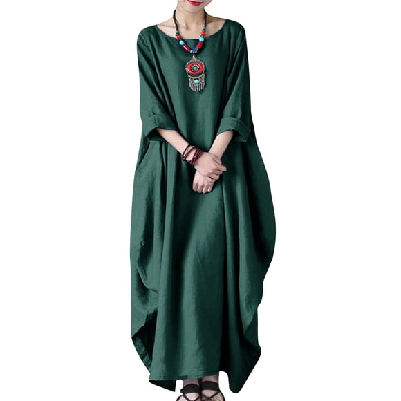 Celmia Robe Longue Maxi Ample en Coton à Manches 3/4 et Col Rond pour Femmes avec Poches Latérales Vert L