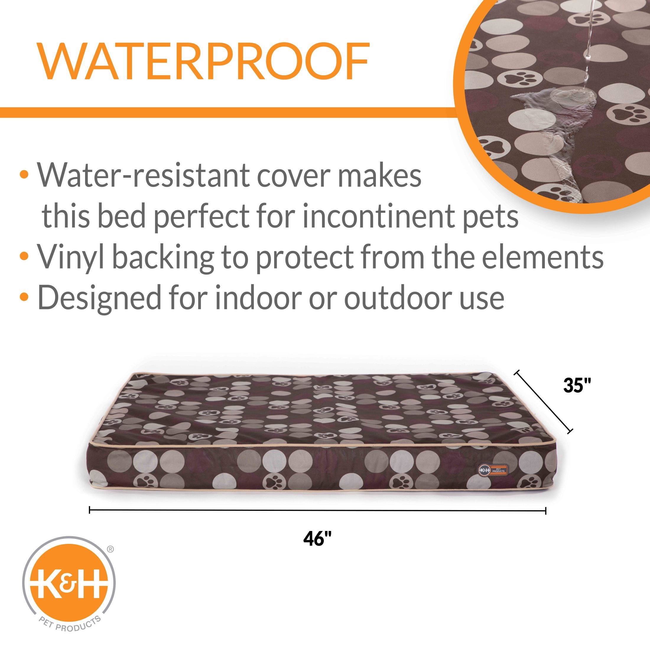 K&H Pet Products Superior Orthopedic Indoor/Outdoor Bed Brown/Paw Large 35 X 46 X 4 Inches