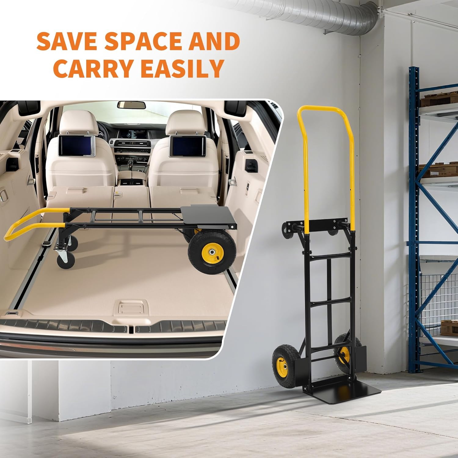 Mescukay 800 lbs Hand Truck, 4-Wheel Platform Truck & 2-Wheel Dolly, with 8" EVA Tires, Easy-Slide Handle for Warehouse, Moving, Garden, Industrial Use