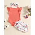 thumbnail image 3 of vera natura Baby Girl 3 Piece Summer Set, Letter Print Fly Sleeve Ribbed Romper Layered Hem Shorts Bow Headband Outfits, 3 of 7