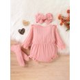 thumbnail image 3 of Baby Sweetie Newborn Girls 3Pcs Outfits, Long Sleeve Button Front Ruffle Romper + Socks + Headband Fall Winter Outfits, 3 of 9