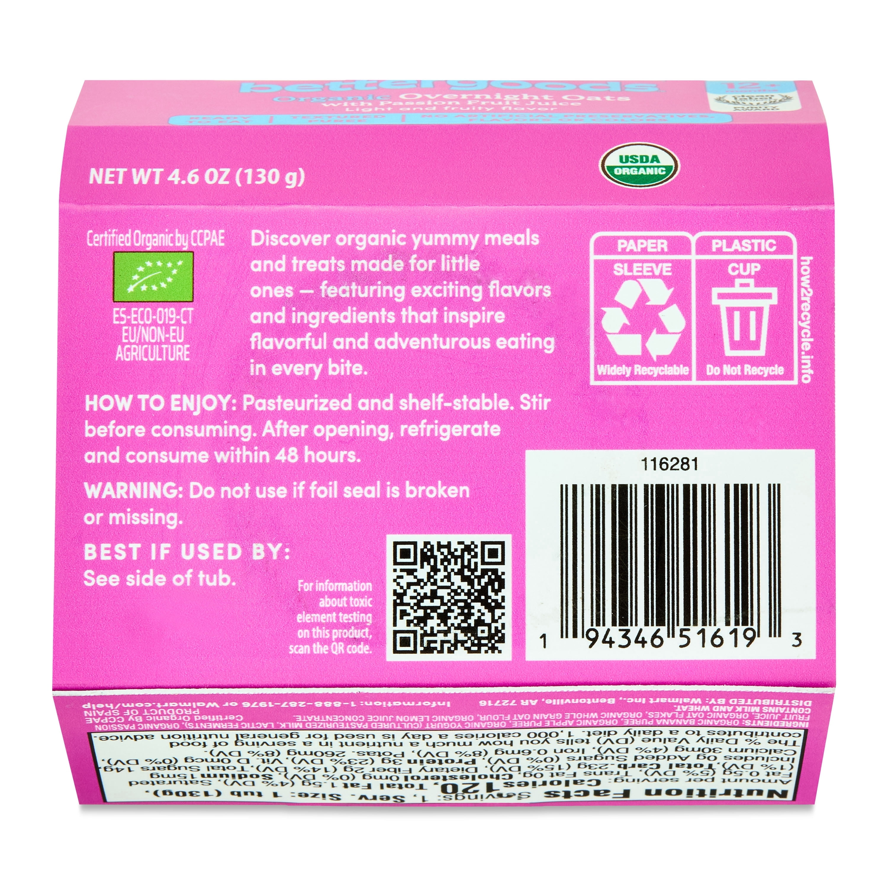 bettergoods Organic Stage 4 Baby Food Overnight Oats with Passion Fruit Juice, 4.6 oz Tub