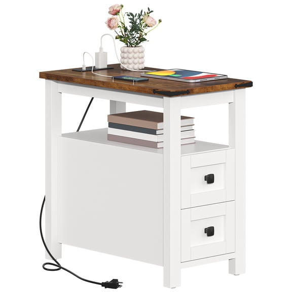 VVFLU Farmhouse End Table with Charging Station, White Nightstand Narrow, Skinny Slim Small, Bedroom